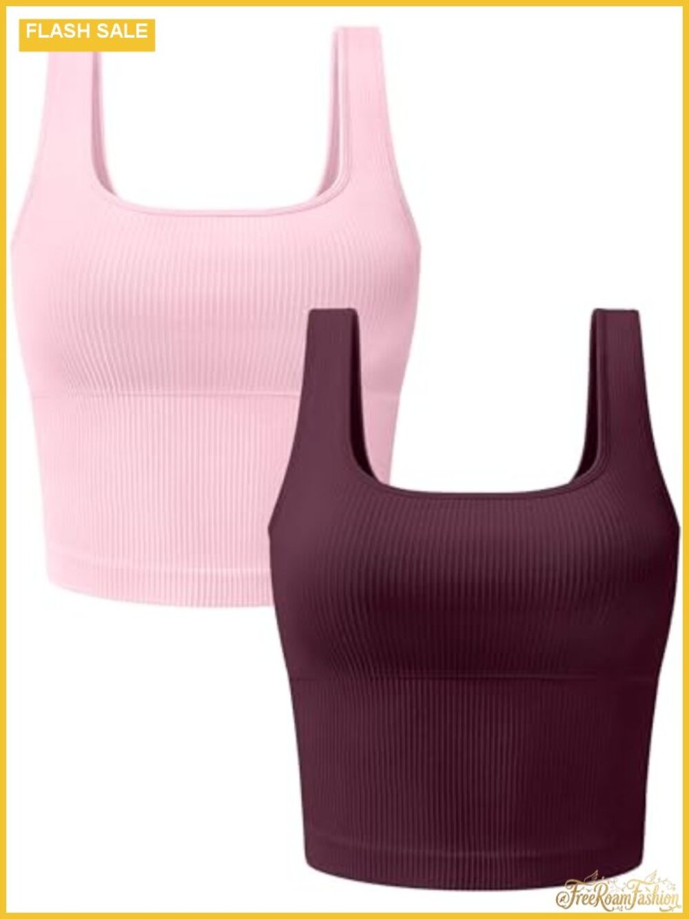 2 Pack Seamless Ribbed Crop Tank Tops Square Neck Padded Built-in Bra
